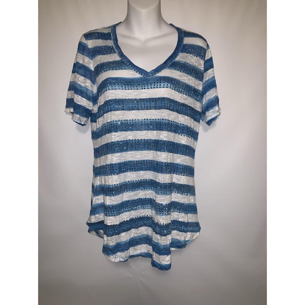 David Cline Women's Blue & White Studded Short Sleeve Top Size Large